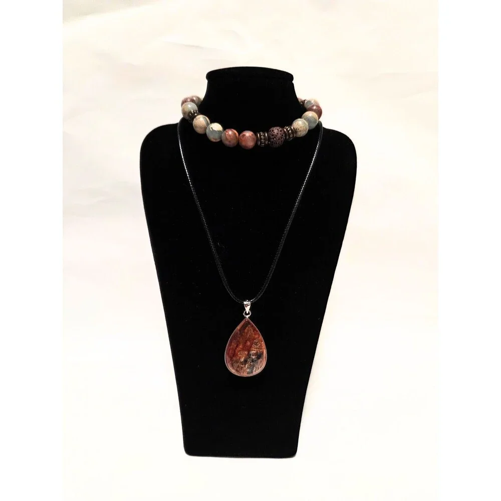 Fashion Jewelry Necklace & Bracelet Set Teardrop Pendant Beaded Stretch Bracelet